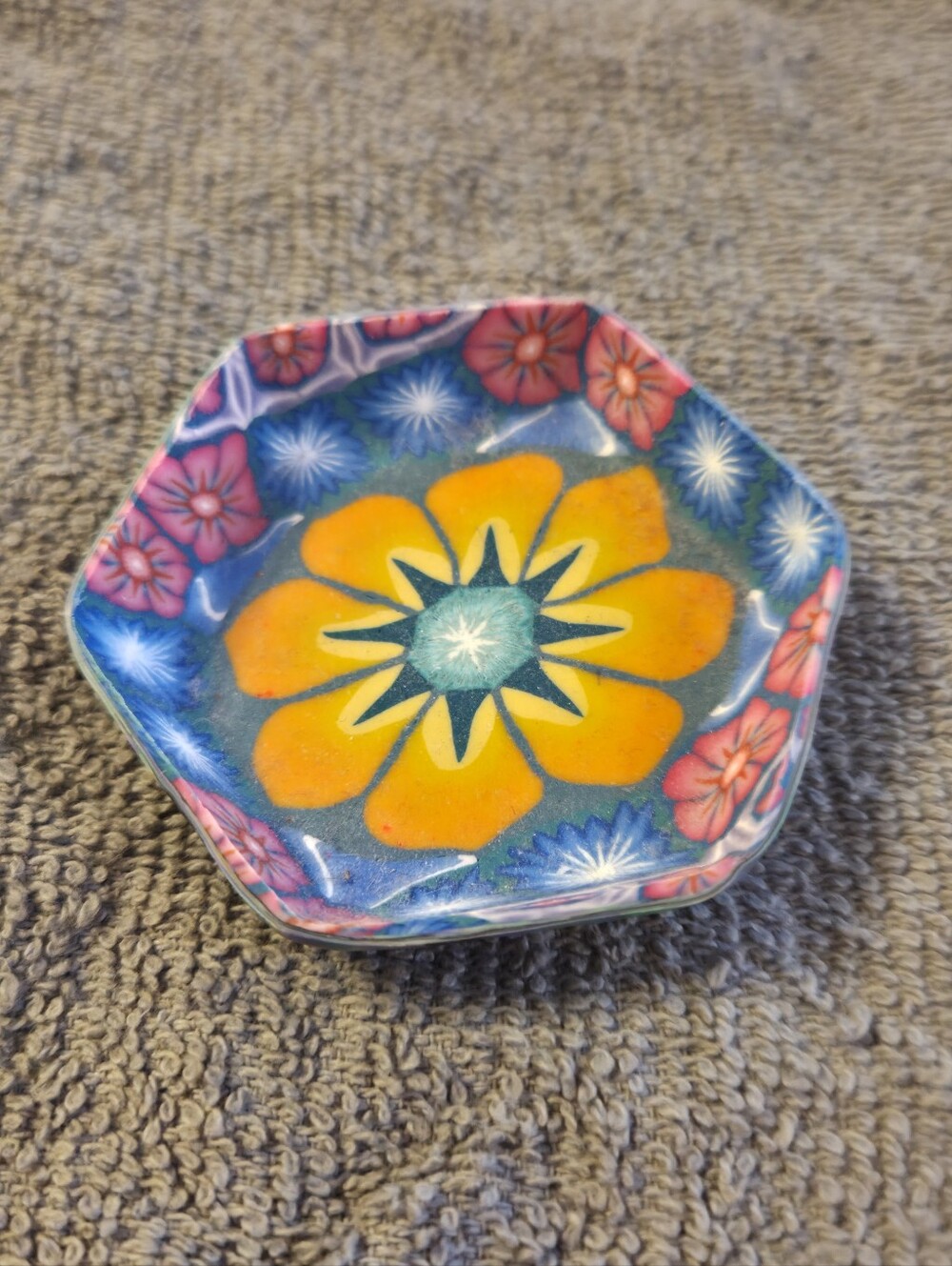 Handcrafted Polymer Clay Floral Trinket Dish Small Hexagon Catchall Bowl